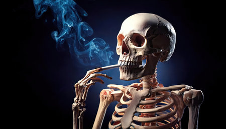 Human skeleton smoking cigarette on dark background. Halloween concept. 3D Renderingの素材
