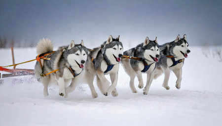 Sled dog racing. Siberian husky dogs pull sled with musherの素材