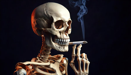 Human skull smoking a cigarette on black background, conceptual image of smokingの素材