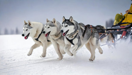 Husky sled dog racing. Winter dog sport sled team competition. Siberian husky dogs pull sled with musher.の素材