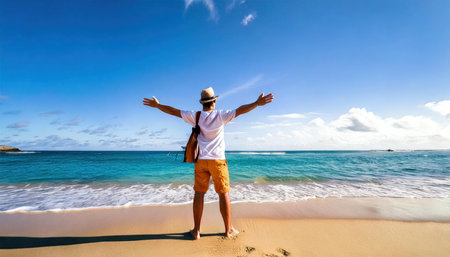 Man standing on the beach with arms outstretched and enjoying the sunの素材