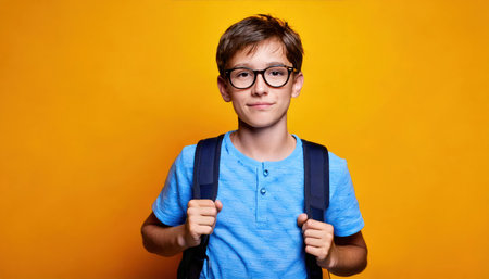 Portrait of a cute schoolboy in glasses on a yellow backgroundの素材