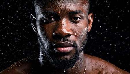 Portrait of handsome african american man under water drops on black backgroundの素材