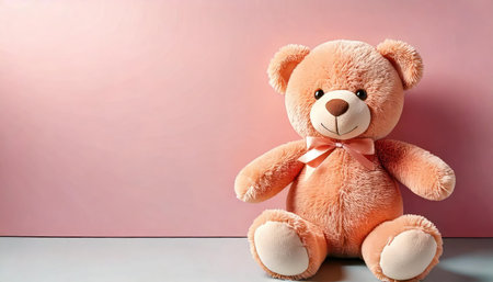 Cute teddy bear on table against color background. Space for textの素材