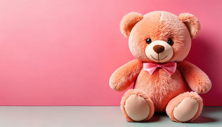 Teddy bear with pink bow on pink background. Copy space.の素材