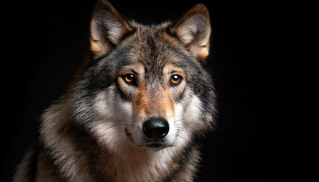 Portrait of a wolf on a black background, close-upの素材