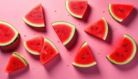 Slices of ripe watermelon on color background, top viewの素材