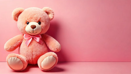Teddy bear with pink bow on pink background. Copy space.の素材