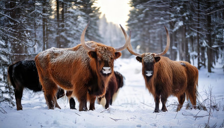 Highland cattle in winter forest. Cows in the snow.の素材