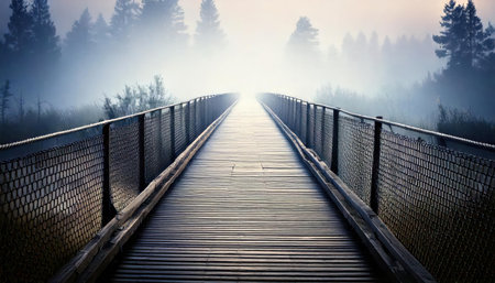 Wooden boardwalk in the misty forest at sunrise. Idyllic landscape.の素材