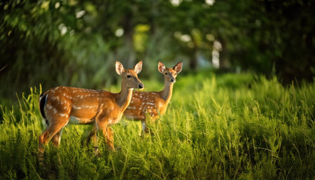 Two whitetail fawns in the green grass at sunsetの素材