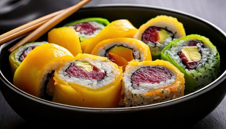 Sushi rolls in a black bowl with chopsticks on a wooden tableの素材