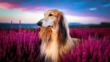 Shetland hound dog in the lavender field at sunsetの素材