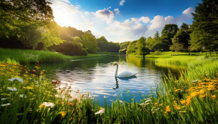 Beautiful landscape with a white swan swimming in the lake.の素材