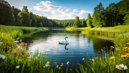 Beautiful lake with white swan on the background of green forestの素材
