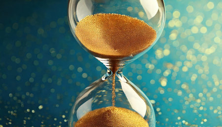 Hourglass with golden sand on blue background, closeup. Time management conceptの素材