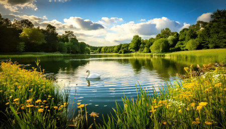 White swan swimming on the lake in the park. Summer landscape.の素材