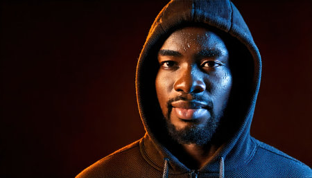 Portrait of a black man in a hoodie on a dark backgroundの素材
