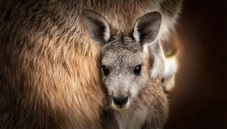Kangaroo mother with joey in her pouch on dark backgroundの素材