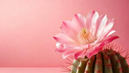 Pink lotus flower on a pink background with cacti.の素材