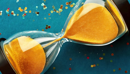 Hourglass with colorful confetti on blue background. Time management conceptの素材