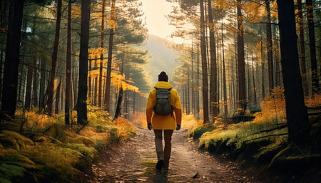 Young woman with a backpack walking in the autumn forest. Travel conceptの素材