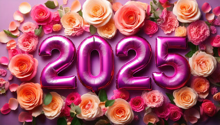 Happy New Year 2025. Pink foil balloon with rose flowers on violet background. top viewの素材