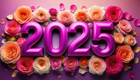 Happy new year 2055 with pink roses and petals on purple backgroundの素材