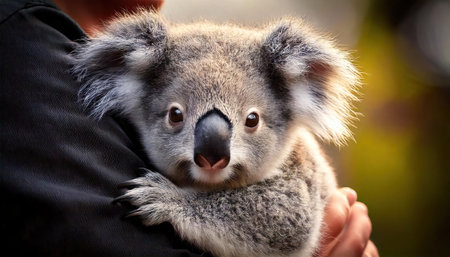 Cute koala bear in the hands of a man close upの素材