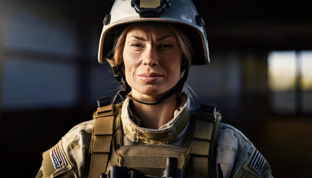 Portrait of confident female soldier in helmet looking at camera while standing outdoorsの素材