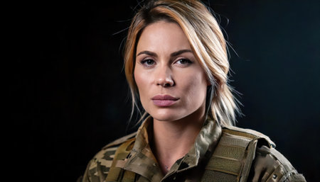 Portrait of a beautiful woman in a military uniform on a black backgroundの素材