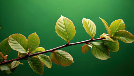 Branch with young green leaves on a green background. spring conceptの素材