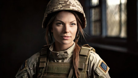 Portrait of a beautiful woman soldier in a military uniform. military themeの素材