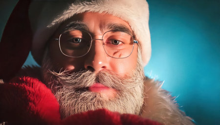 Close-up portrait of santa claus with long white beard and mustache in red fur coat and glasses on blue backgroundの素材