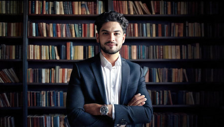 Portrait of a handsome man standing in a library and looking at cameraの素材