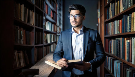 Young indian male student reading book in library. Education concept.の素材