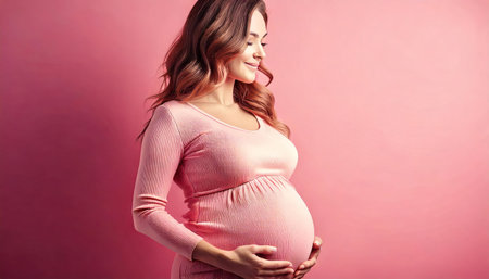 Pregnant woman in a pink dress on a pink background.の素材