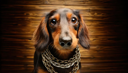 Portrait of beautiful long-haired dachshund dog on wooden backgroundの素材