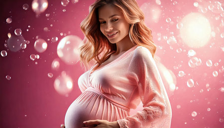 pregnant woman in pink dress with soap bubbles on pink backgroundの素材