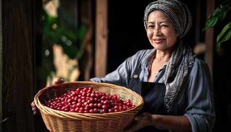 Vietnamese senior woman holding a basket full of cherries.の素材