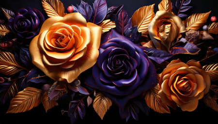 Beautiful bouquet of roses on a black background, close-upの素材