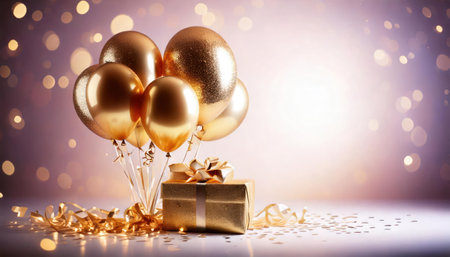 Gift box with golden balloons and confetti on bokeh backgroundの素材