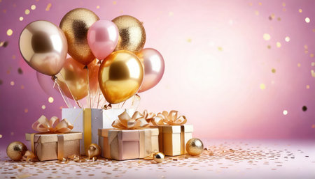 Gift boxes with golden and pink balloons on a pink background.の素材