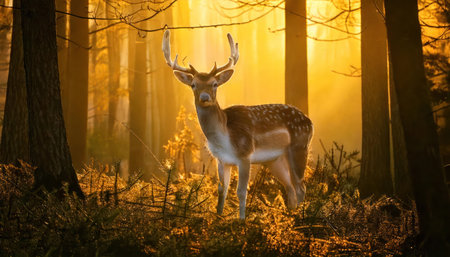 Fallow deer in the forest at sunrise. Fallow deer, Dama damaの素材