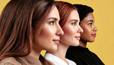 Portrait of three multiethnic women looking at camera on yellow backgroundの素材