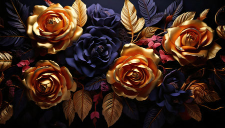 3d illustration of golden and blue roses and leaves on black backgroundの素材