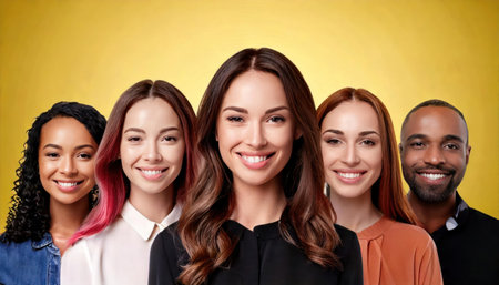 business, people and beauty concept - group of smiling african american women over yellow backgroundの素材