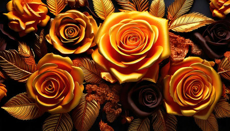 Bouquet of orange roses on black background. top viewの素材