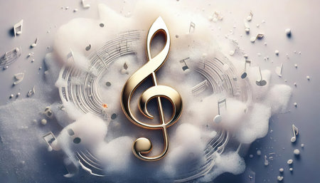 3d rendering of golden treble clef and cloud with music notesの素材