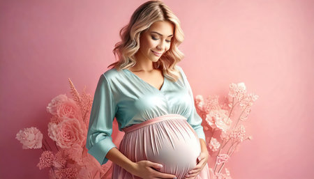 Beautiful pregnant woman with flowers on color background. Pregnancy conceptの素材